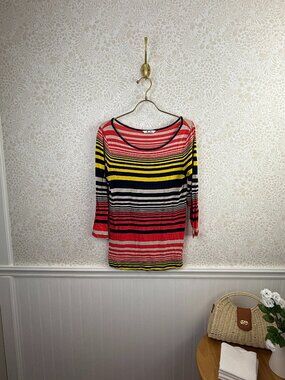 Three Dots Red & Navy Striped Scoop-Neck 3/4-Length Sleeve Shit - Size - Medium